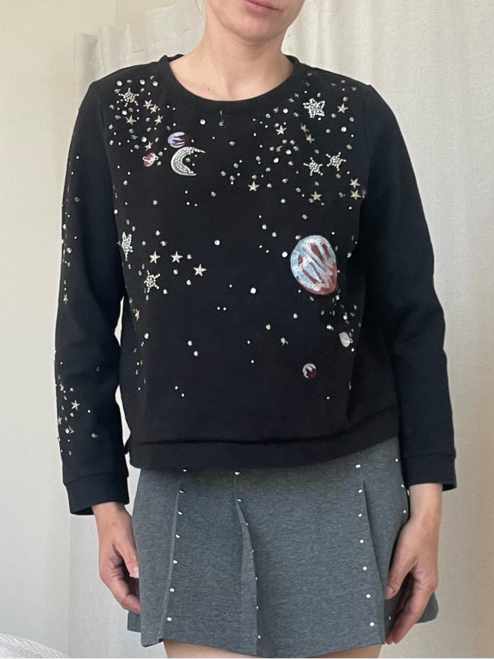 Anthropologie Sz S Black Embellished Celestial Sweatshirt